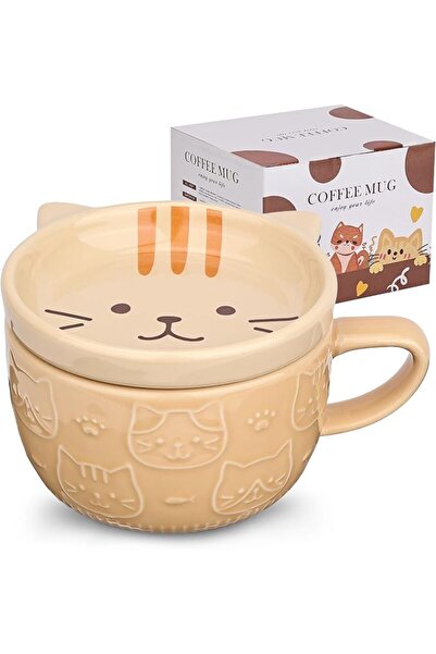 GENERAL Cute Ceramic Cat Coffee Mug with Lid,Kawaii Coffee Mugs or Tea Cups f...