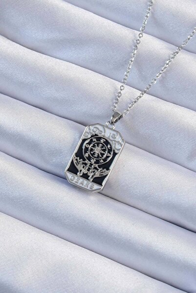 Generic Brand 316L Steel Chain Silver Color Engraved Black Enamel Tarot Pendant
