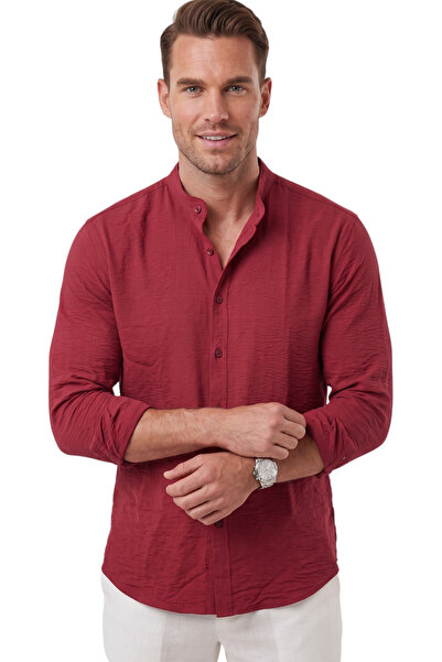 DeepSEA Men's Burgundy Hakim Collar Shirt Relaxed Fit Lycra Cotton Wrinkle-Fr...