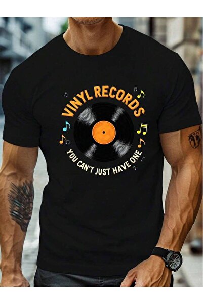 2BIR Men'S Black T-Shirt With Record & Music Note Design "VINYL RECORDS ARE L...