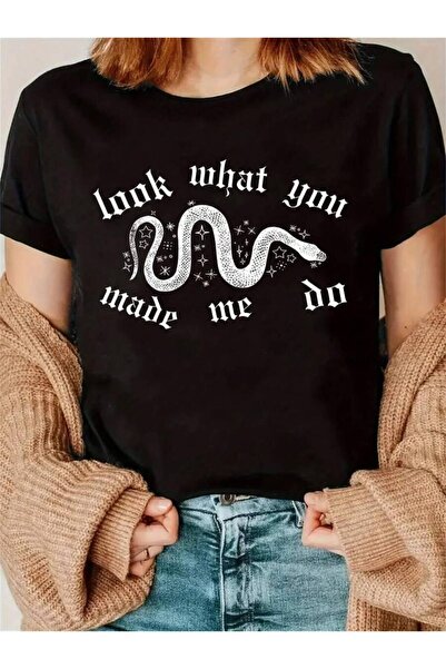 4Car 1pc Women's Y2K Korean Style T-Shirt - Black Snake Graphic & "Look What ...
