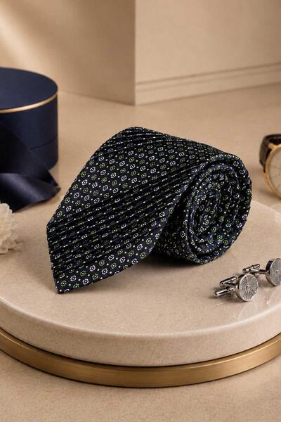 Kravatkolik Navy Blue Green Floral Pattern Italian Silk Pleated Tie Est257