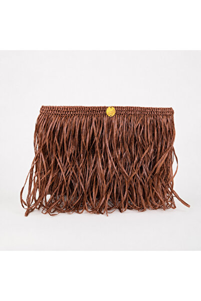 ByBurcuGuler Brown Raffia Tassel Detailed Hand Knitted Clutch Bag