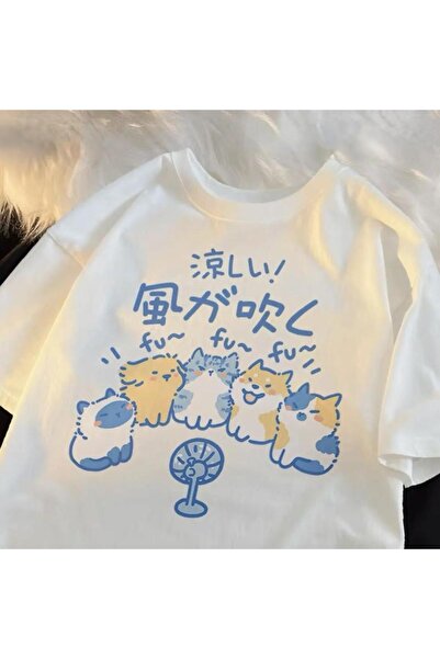DEEFWEAR تي شيرت MINGALONDON Wind Blowing Cat مطبوع باللون الأبيض للجنسين مقا...