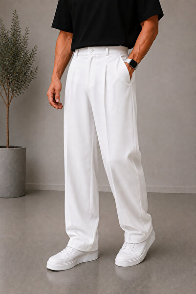 Montivo Men's Navy Blue Baggy Fabric Trousers Loose Fit Straight Leg
