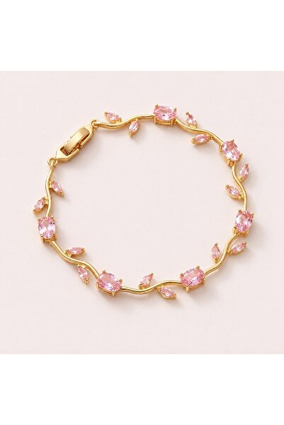 OGHAMAY Gold Color Pink Colored Zircon Stone Tulip Steel Bracelet - 3924