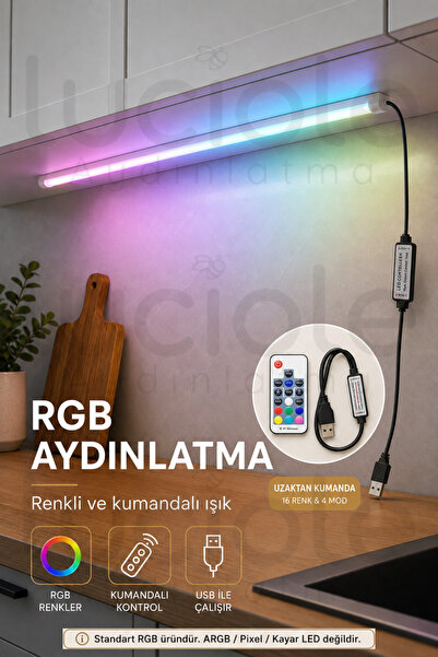 luciole RF Kumandalı RGB LED Bar 100 cm USB Renk Değiştiren Yapışkanlı Dolap ...