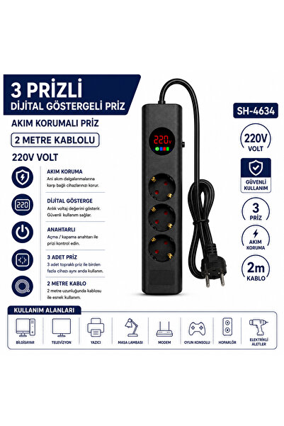 AŞIK STORE SH-4634 3’lü Akım Korumalı Priz Dijital Voltaj Göstergeli 2500W 2 ...
