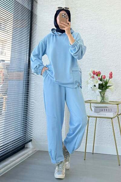 MELEK ARAZ Premium Hooded Double Face Women's Set with Pleated Detail - Blue