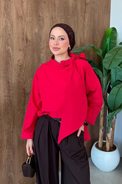 Hazamoda İkra Stand Collar Shirt Red