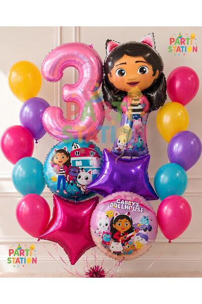 Parti Station Gabby Dollhouse Balloon Set 3 Years Old 14 Piece Birthday Ballo...