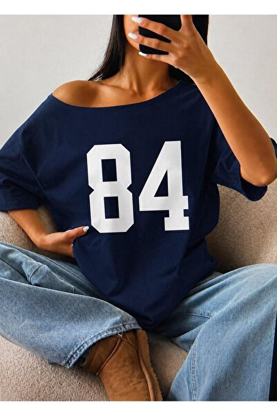 Elvino 84 Γυναικείο μπλουζάκι με στάμπα Navy Blue Oversize με λαιμόκοψη Kayak