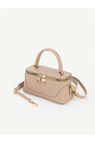 Beshora Parades Dark Beige Box Model Leather Handle Zippered Crossbody Hand a...