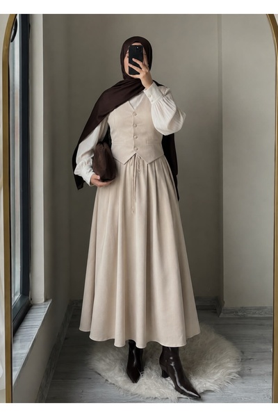Mivelya Women's Hijab Double Vest & Skirt Flared Set
