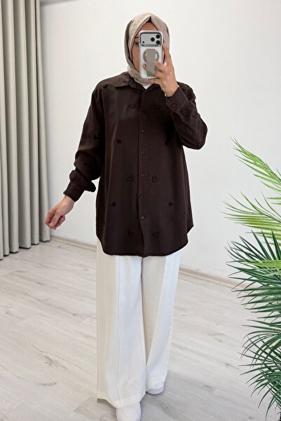 T Moda Store My Magazin Tansel Kumaş Kalp Nakışlı Tesettür Gömlek