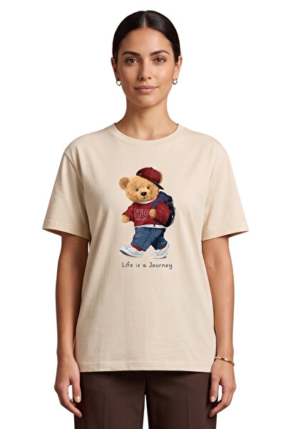 DK DAKSEL Women's Beige Teddy Bear Printed T-Shirt Life Is a Journey Comforta...