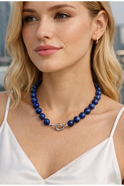 Taşmir Gerçek 10 mm Lapis Lazuli Taşı Arası Düğümlü Kolye Paslanmaz Çelik Gem...