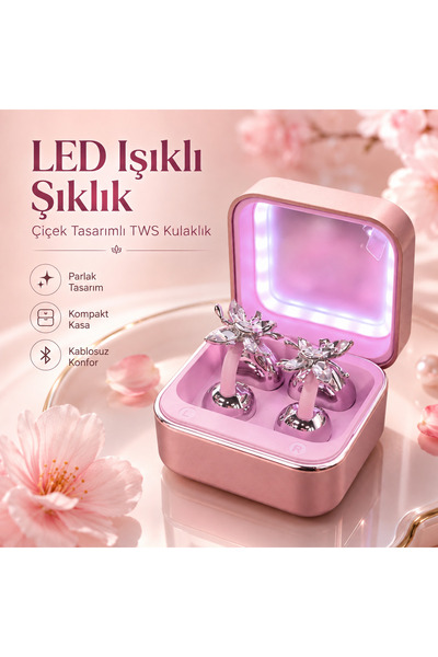 Çiçek ve Kelebek Tasarımlı TWS Bluetooth Kablosuz Kulaklık – LED Işıklı Şarj Kutusu, Şık ve Zarif Tasarım
