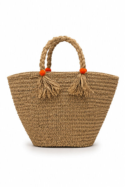 NATUREL DEKOR Natural Bohemian Orange Pompom Detailed Oval Wicker Bag 37X38 C...