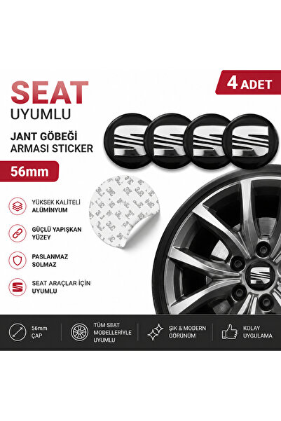 Genel Markalar Seat Uyumlu Alüminyum Jant Göbeği Arması Sticker 56mm - 4 Adet
