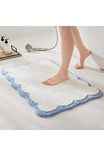 Tazweeq Microfiber Bathroom Rugs, White Bath Rug with Blue Scalloped Piping C...
