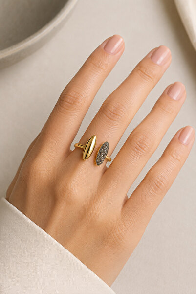Belasso Vip Gold Color Stone Double Oval Model Adjustable Women's Ring