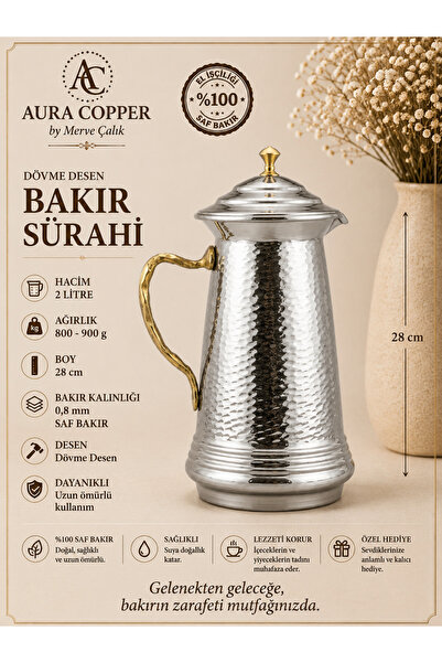 AURA COPPER Dövme Desenli Bakır Sürahi 2 L Kapaklı Gümüş Renk Gaziantep El İş...