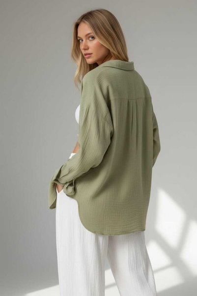 vintisse Women's Oversize Basic Pocket Muslin Shirt