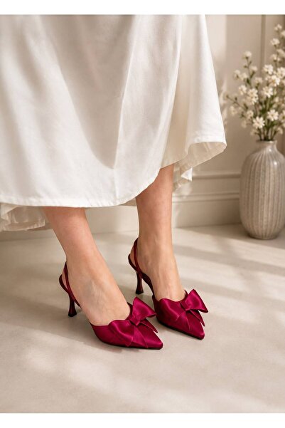 Trendlov Lora Bordo Satin Bow Pointed Toe 5cm Heeled Slippers