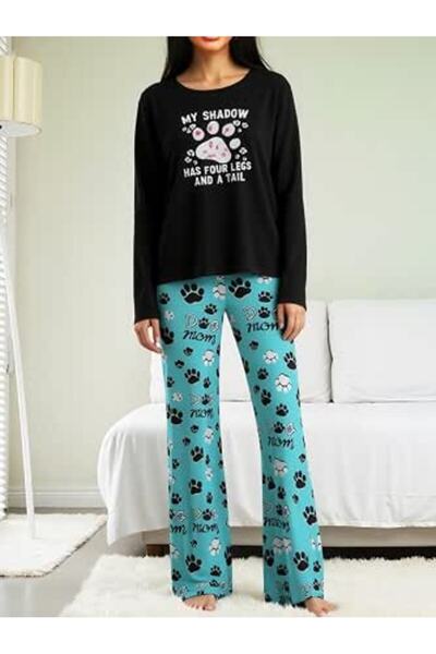 Women's Pajama Set, Long Sleeve Top and Wide Leg Pants, Cute Print Sleepwear ...