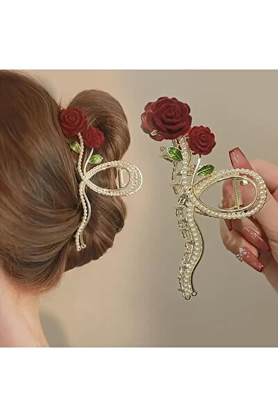 X SPRING Flower Hair Claw, Red Rose Pearl Hair Claw Clips for Women, Large Fl...