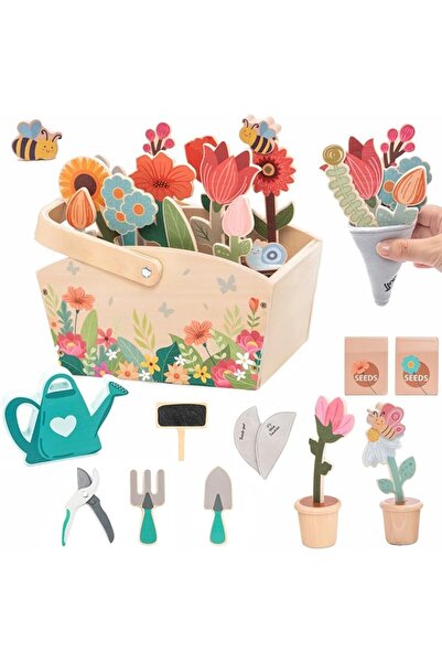 TERRIFI Wooden Gardening Toy Set for Boys Girls, 30Pcs Pretend Play Flower & ...