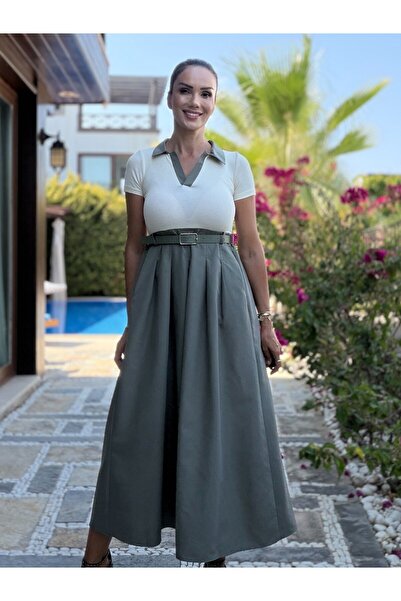 Atelier Derin Green Beige Shirt Collar Belted Dress