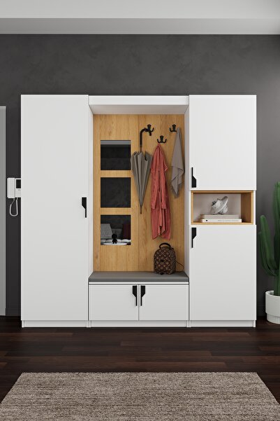asratrend Lüks Aynalı Portmanto Askılı Vestiyer %100 MDF Çok Raflı Ayakkabılı...