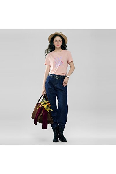 Giordano تي شيرت نسائي مريح من القطن برقبة دائرية وطباعة