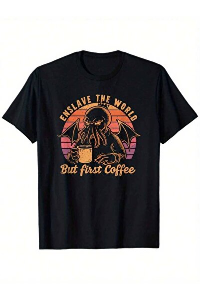 2BIR تي شيرت برسومات Cthulhu Coffee Lover - 100% قطن، ياقة دائرية سوداء، أكما...