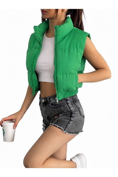 Dakfrogs kadın dik yaka çift cepli crop yelek