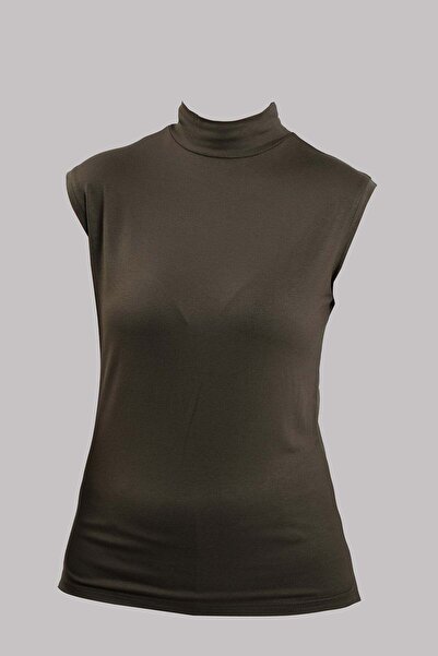 HÜRREM BONE Khaki Body Turtleneck Viscose Zero Sleeve 1027_09