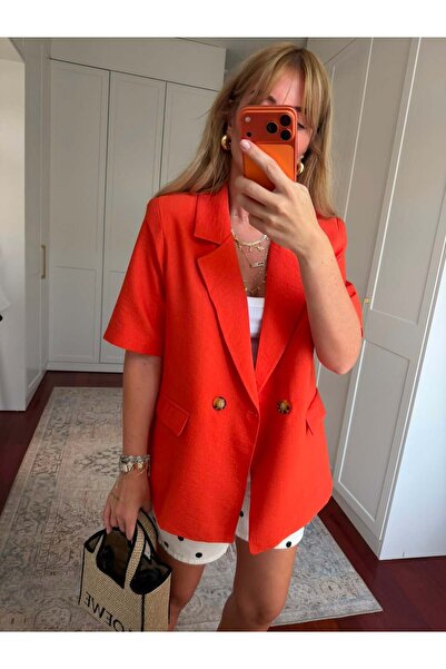 begum mayda Tencel Dokuda , Kısa Kollu , Premium Turuncu Blazer Ceket