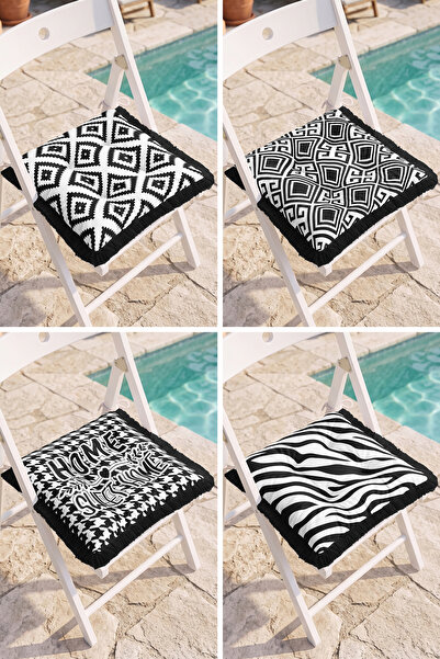 Realhomes Set of 4 Fringed Pouf Chair Cushions with Black and White Geometric...