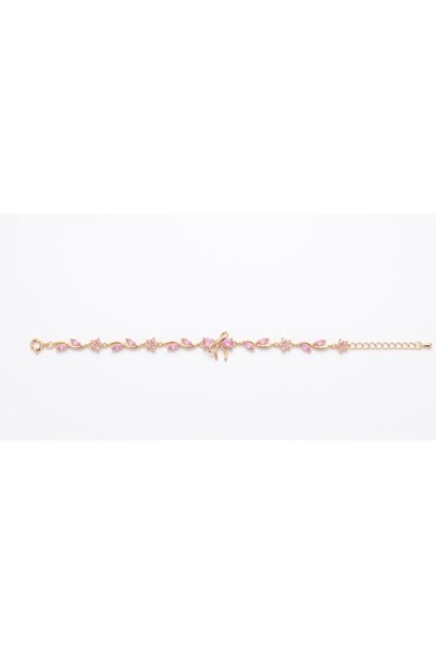 Karaşah Women's Gold Color Pink Stone Bow Figured Anti-Tarnish Steel Bracelet