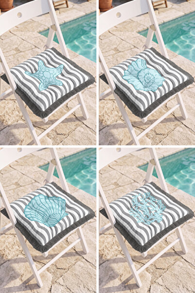 Realhomes Starfish, Seashell and Coral Figured Striped 4-Piece Fringed Puffy ...