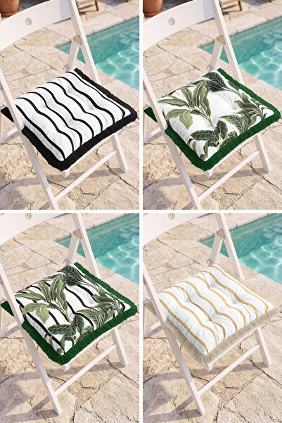 Realhomes Tropical Green Leaf Pattern and Black Stripes 4-Piece Fringed Puffy...