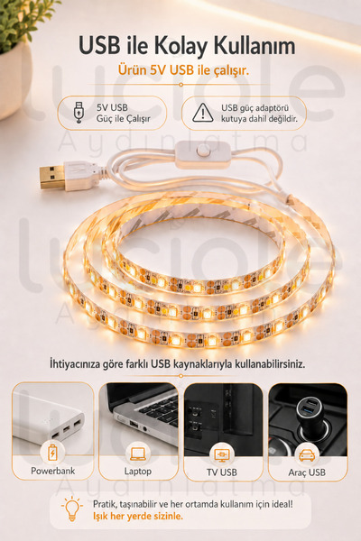 luciole 2 Metre Amber USB Şerit LED 5V Aç Kapa Düğmeli TV Arkası Mutfak Masa Powerbank Dekoratif Led