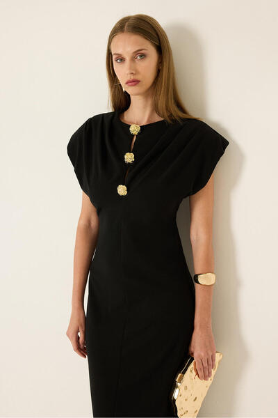 Touché Privé Draped Dress with Gold Button Detail