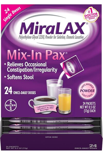 Miralax مسحوق ملين لطيف للإغاثة مع PEG 3350، عبوات مختلطة جاهزة للاستخدام، عب...