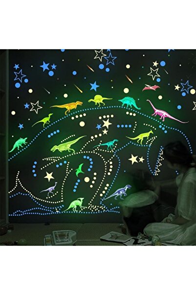 Aputue Dinosaur Wall Stickers, Glow-in-the-Dark Removable Decals, 3 Large She...