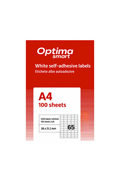 Optima Self-Adhesive White Labels 65/A4, 38 X 21.2 Mm, 100 Sheets/Pack, Smart...