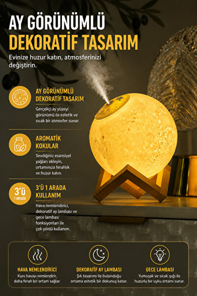 Coverzone Ay Görünümlü Hava Nemlendirici Ultrasonik Difüzör LED Gece Lambası ...