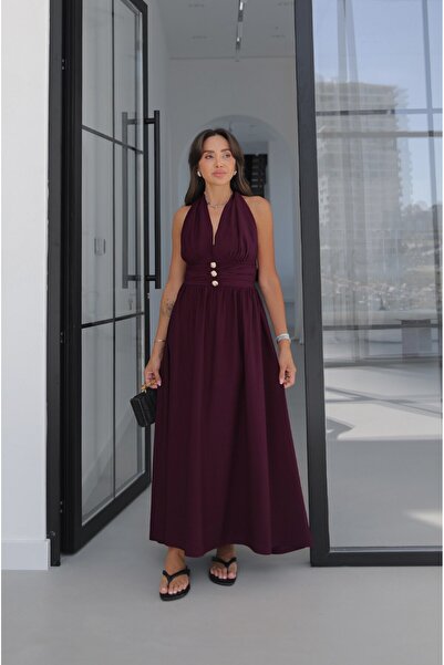 Havoş Mürdüm Longard Halter Neck Long Dress
